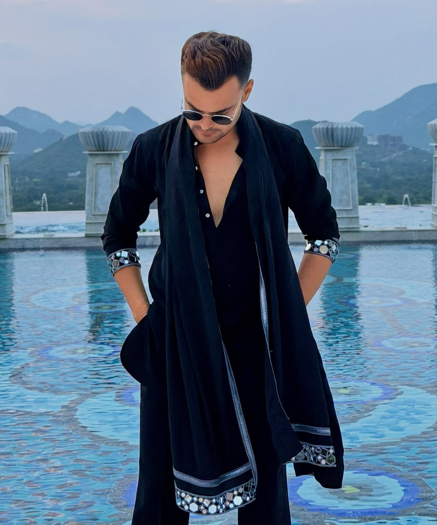 Premium Black Mirror-Work Men’s Kurta With Duppta