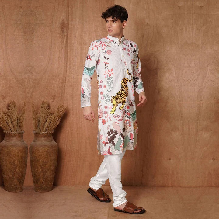 Bold Ivory Kurta with Tiger & Floral Print 🌸