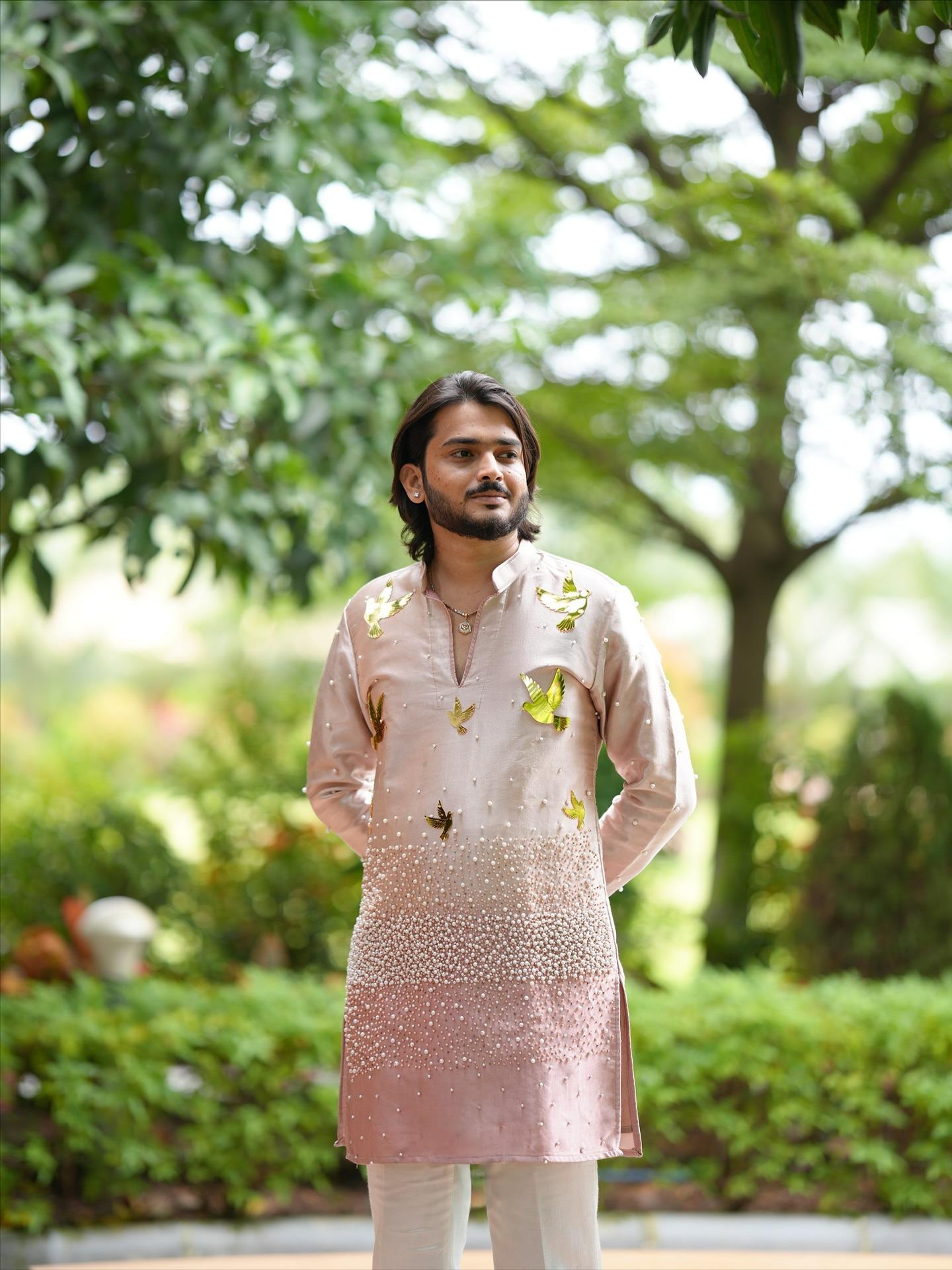Men’s Pearl-Embellished Designer Silk Kurta in Rose Gold with 3D Bird Motifs