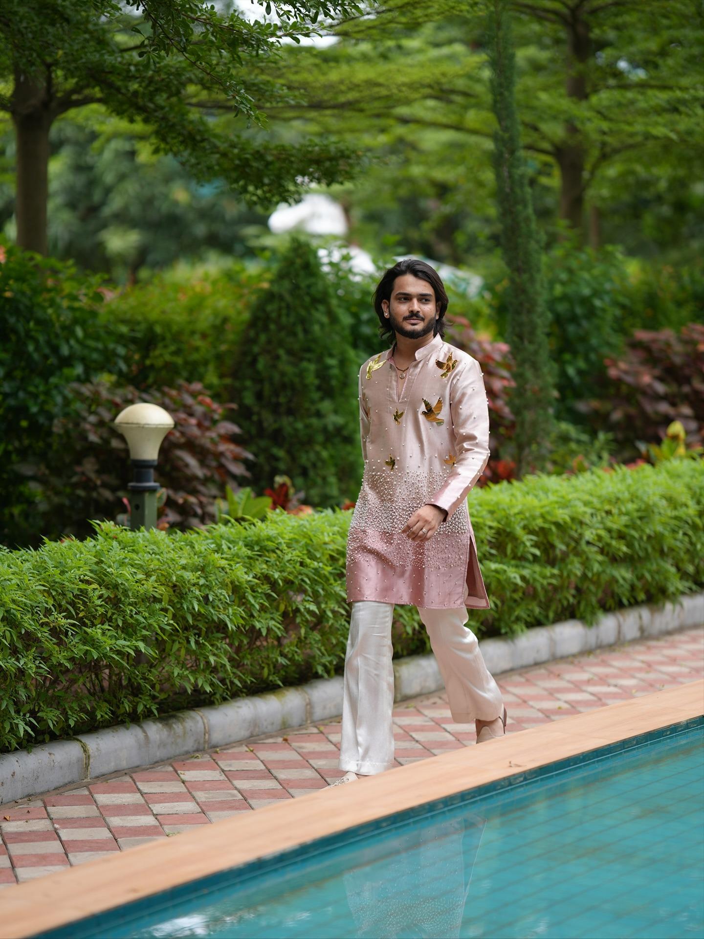 Men’s Pearl-Embellished Designer Silk Kurta in Rose Gold with 3D Bird Motifs