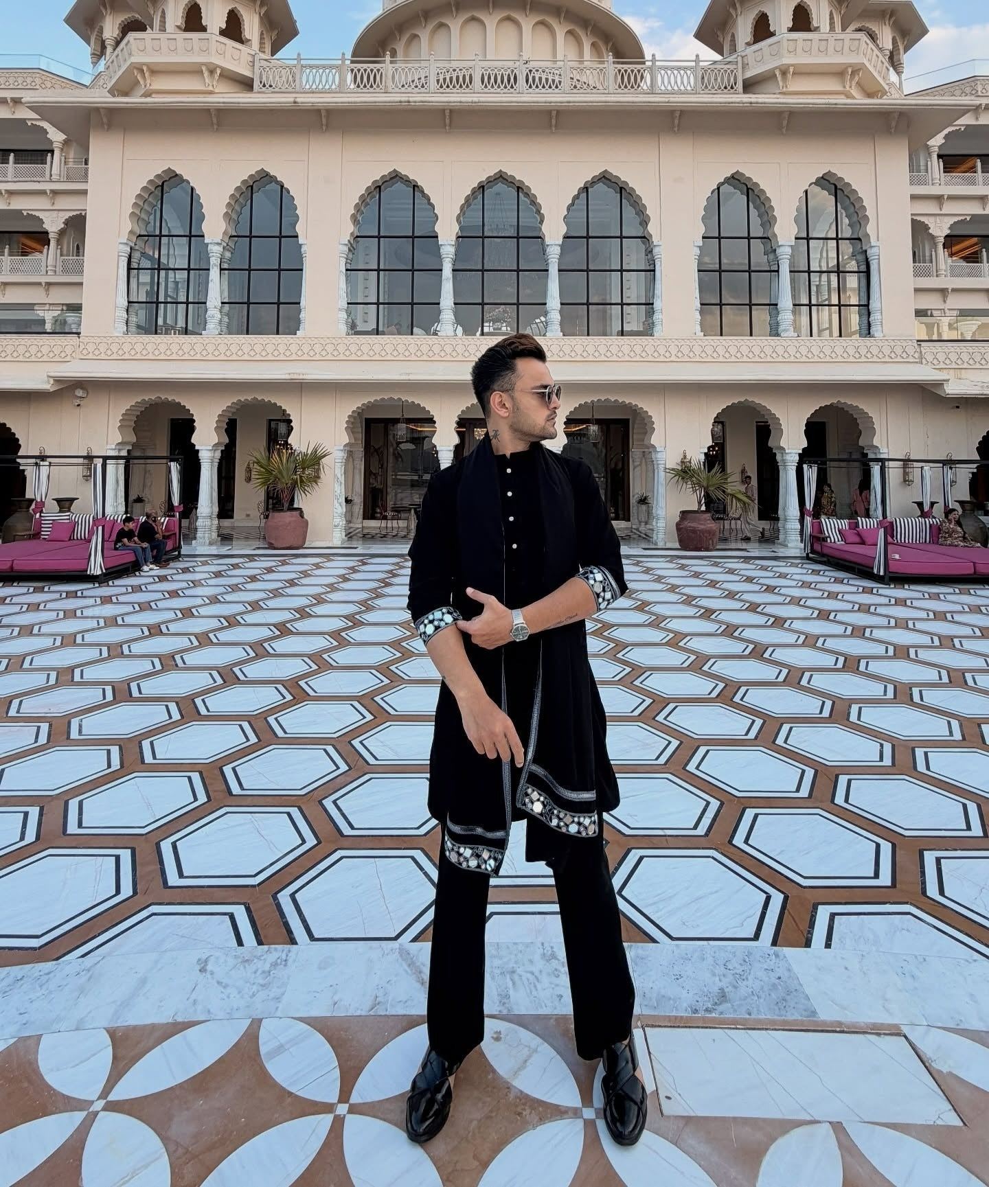 Premium Black Mirror-Work Men’s Kurta With Duppta