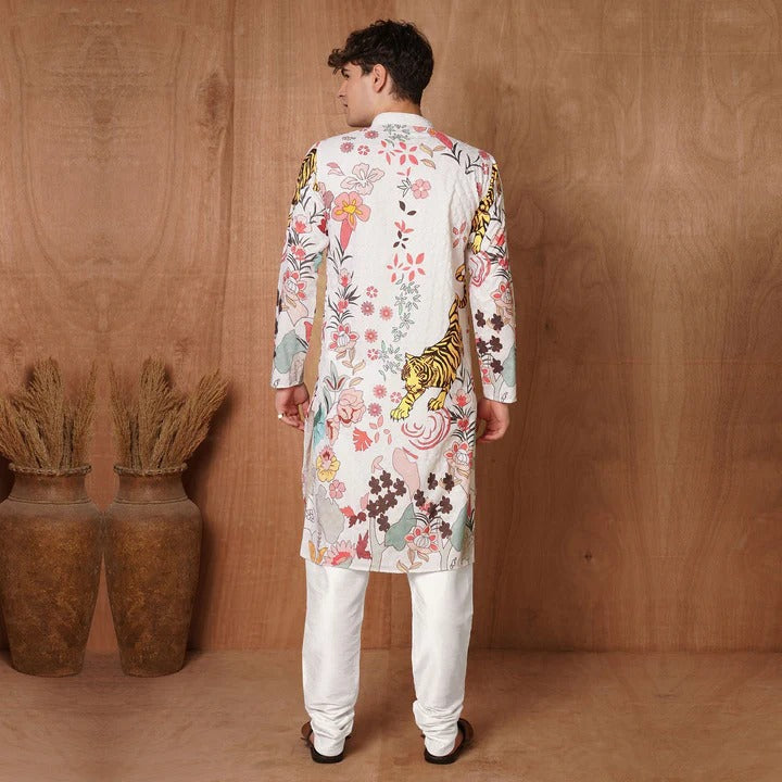 Bold Ivory Kurta with Tiger & Floral Print 🌸