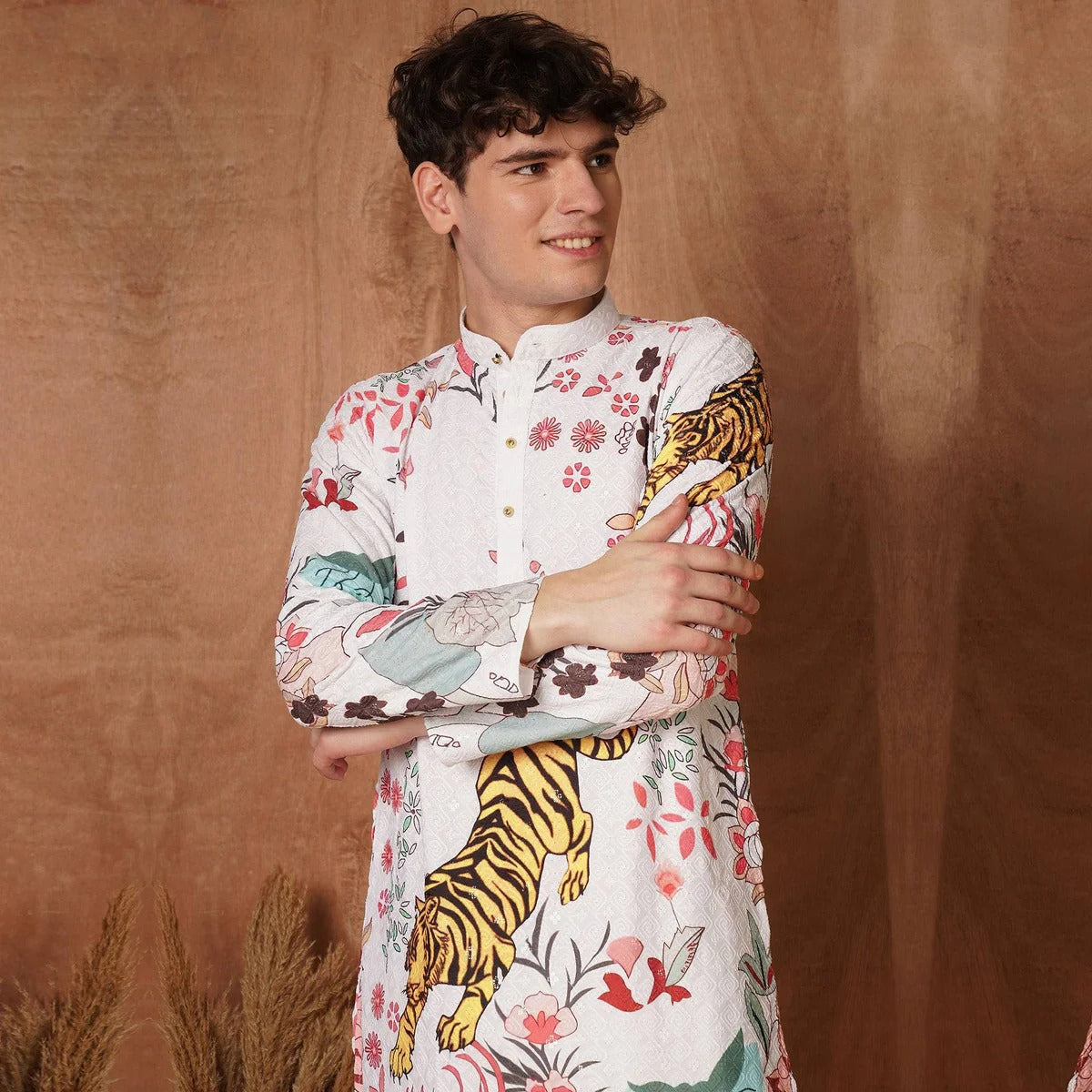 Bold Ivory Kurta with Tiger & Floral Print 🌸