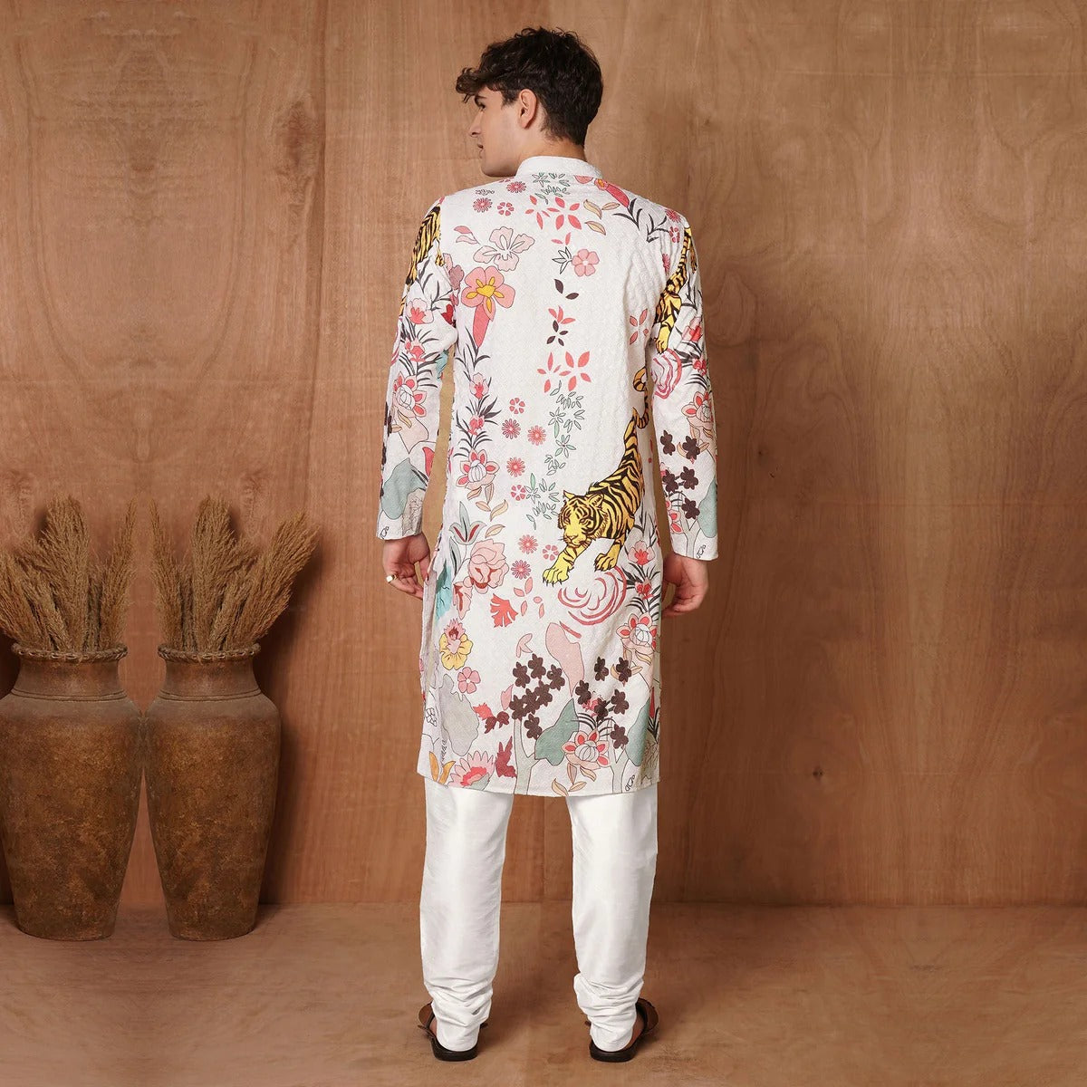 Bold Ivory Kurta with Tiger & Floral Print 🌸