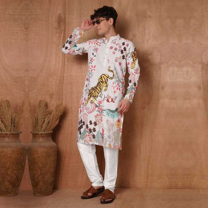 Bold Ivory Kurta with Tiger & Floral Print 🌸