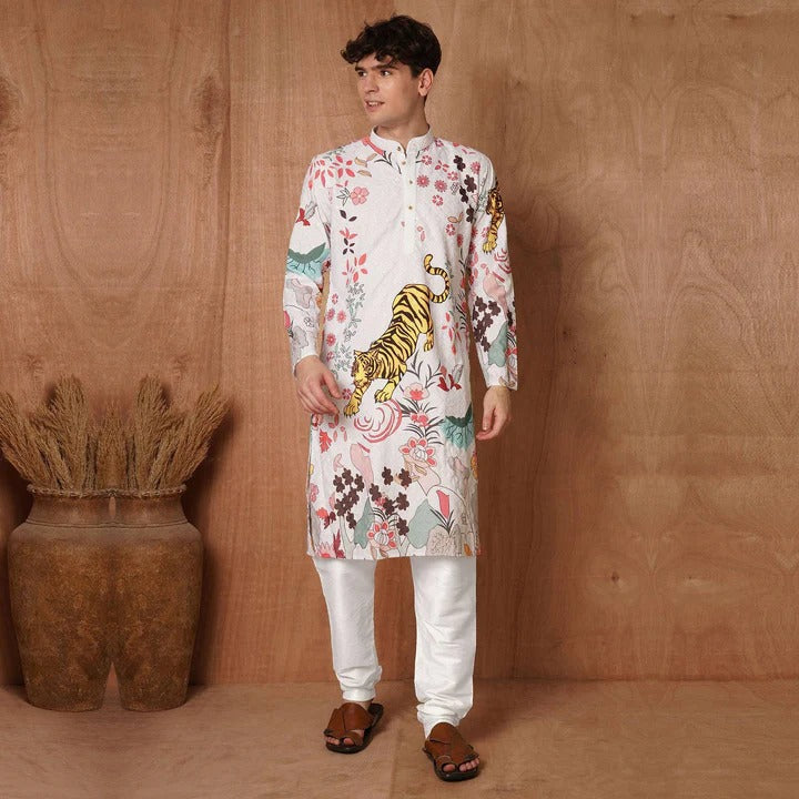 Bold Ivory Kurta with Tiger & Floral Print 🌸