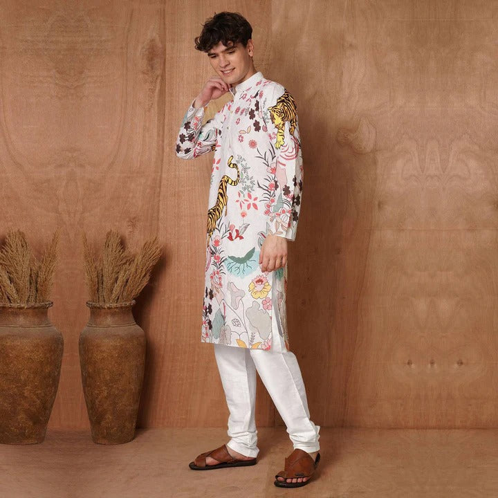 Bold Ivory Kurta with Tiger & Floral Print 🌸