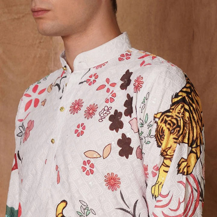 Bold Ivory Kurta with Tiger & Floral Print 🌸