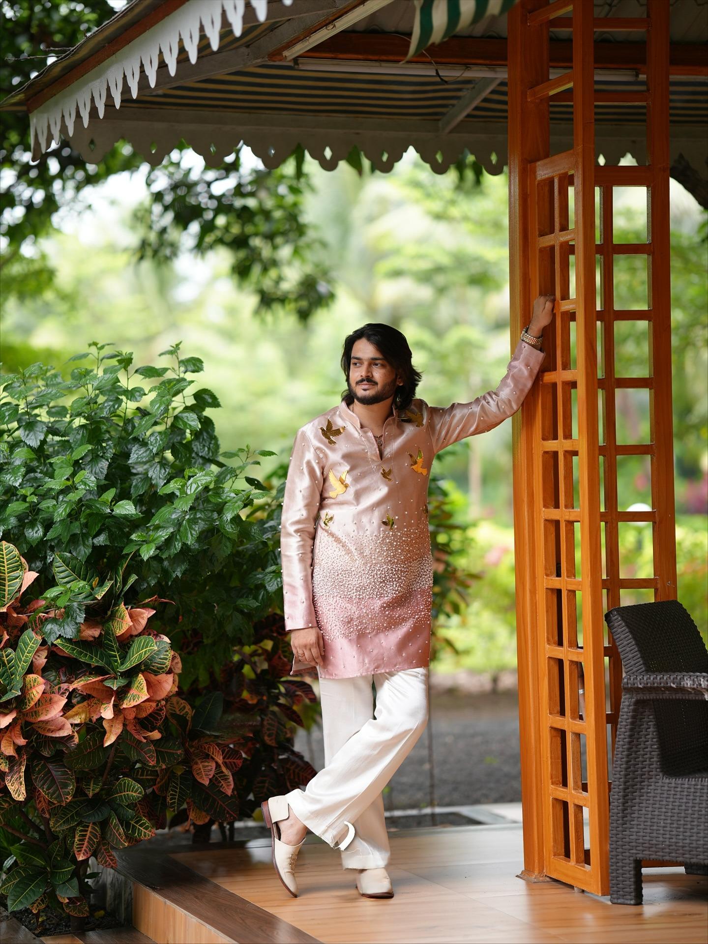 Men’s Pearl-Embellished Designer Silk Kurta in Rose Gold with 3D Bird Motifs